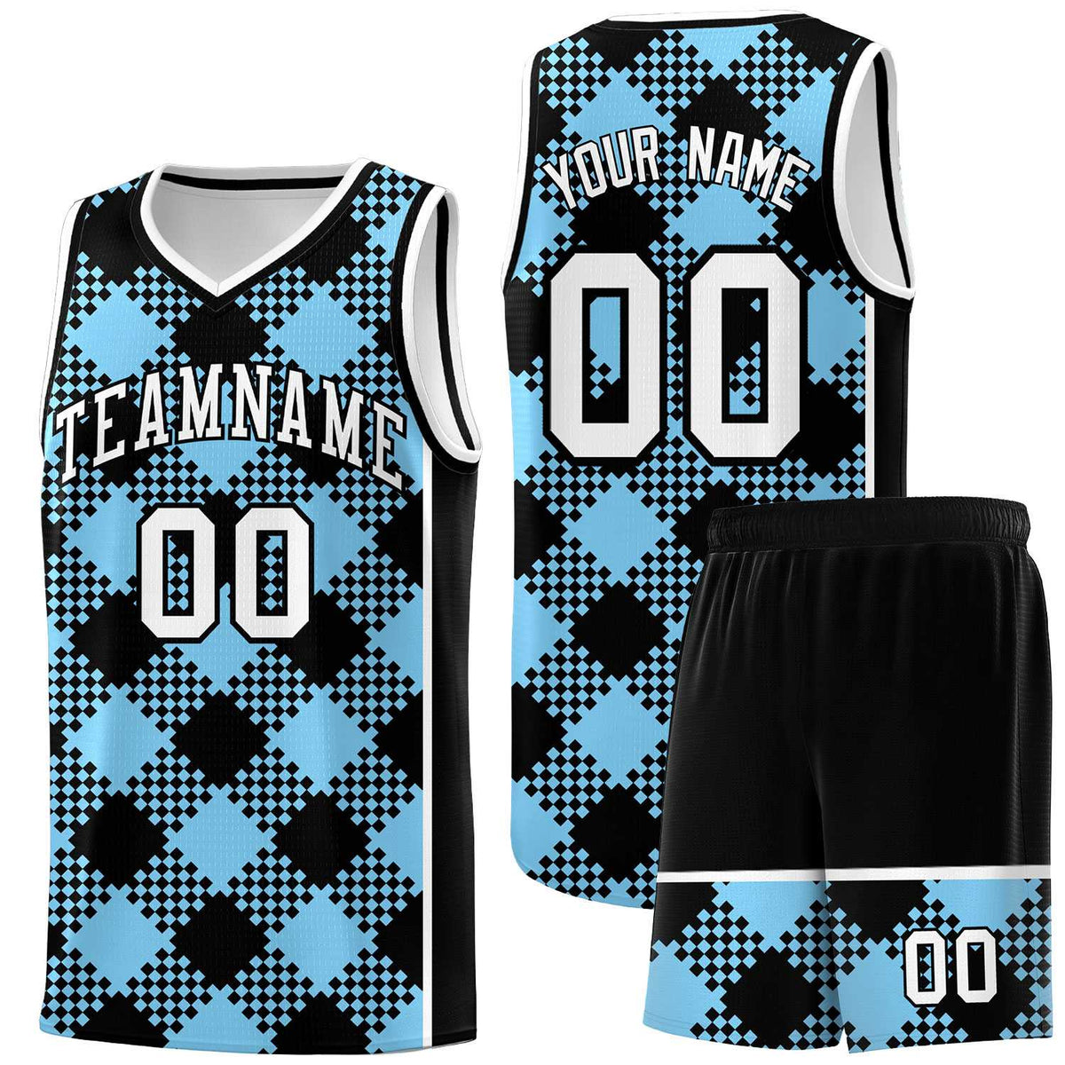 Personalized Light Blue White-Black Grid Basketball Kits