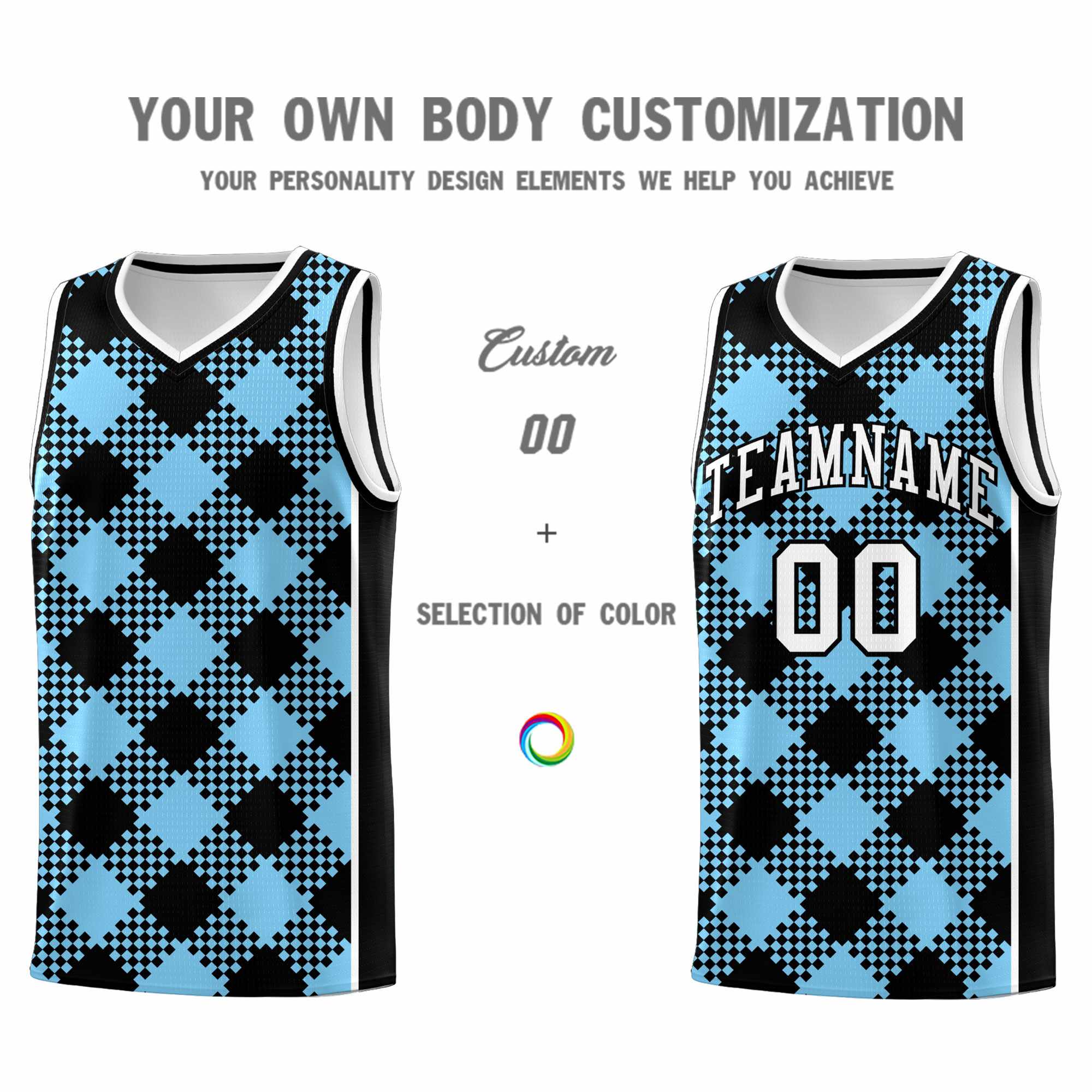 Personalized Light Blue White-Black Grid Basketball Kits