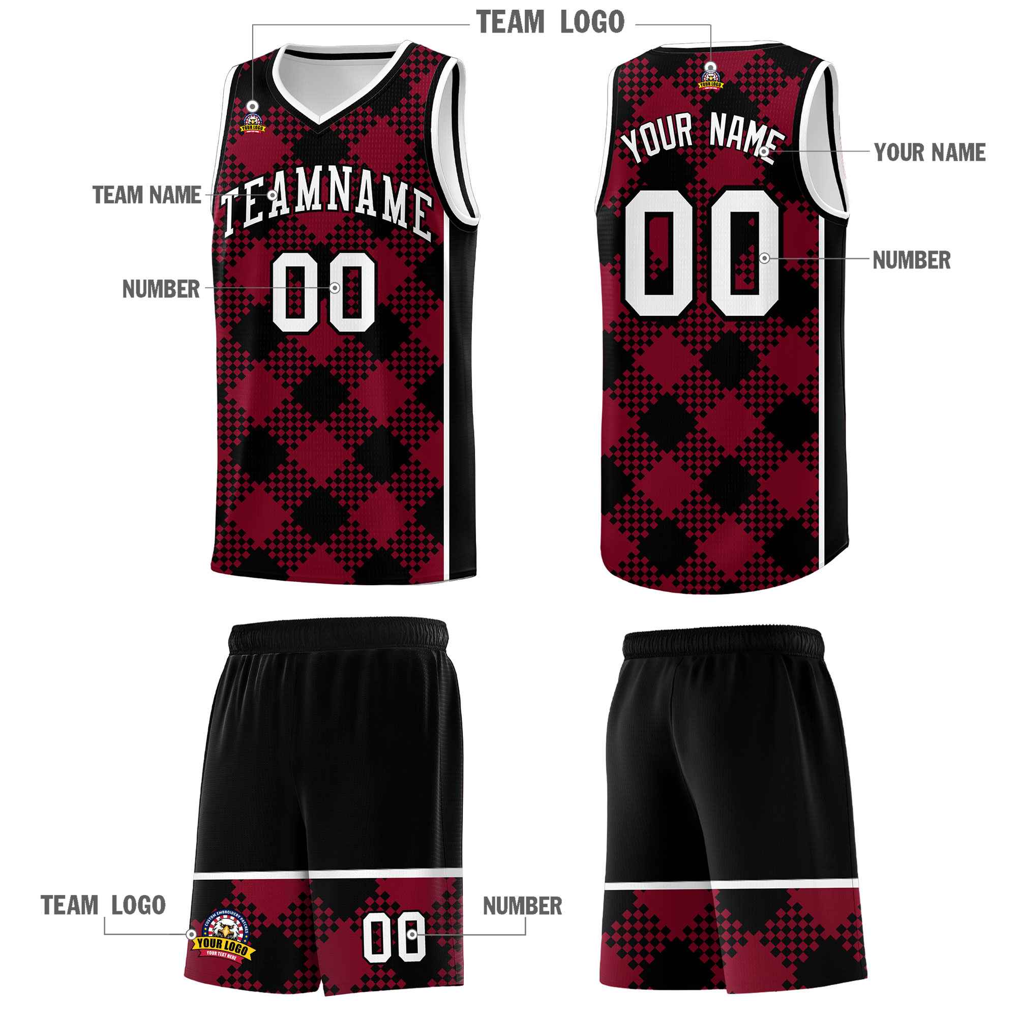 Personalized Crimson Black-White Grid Basketball Kits