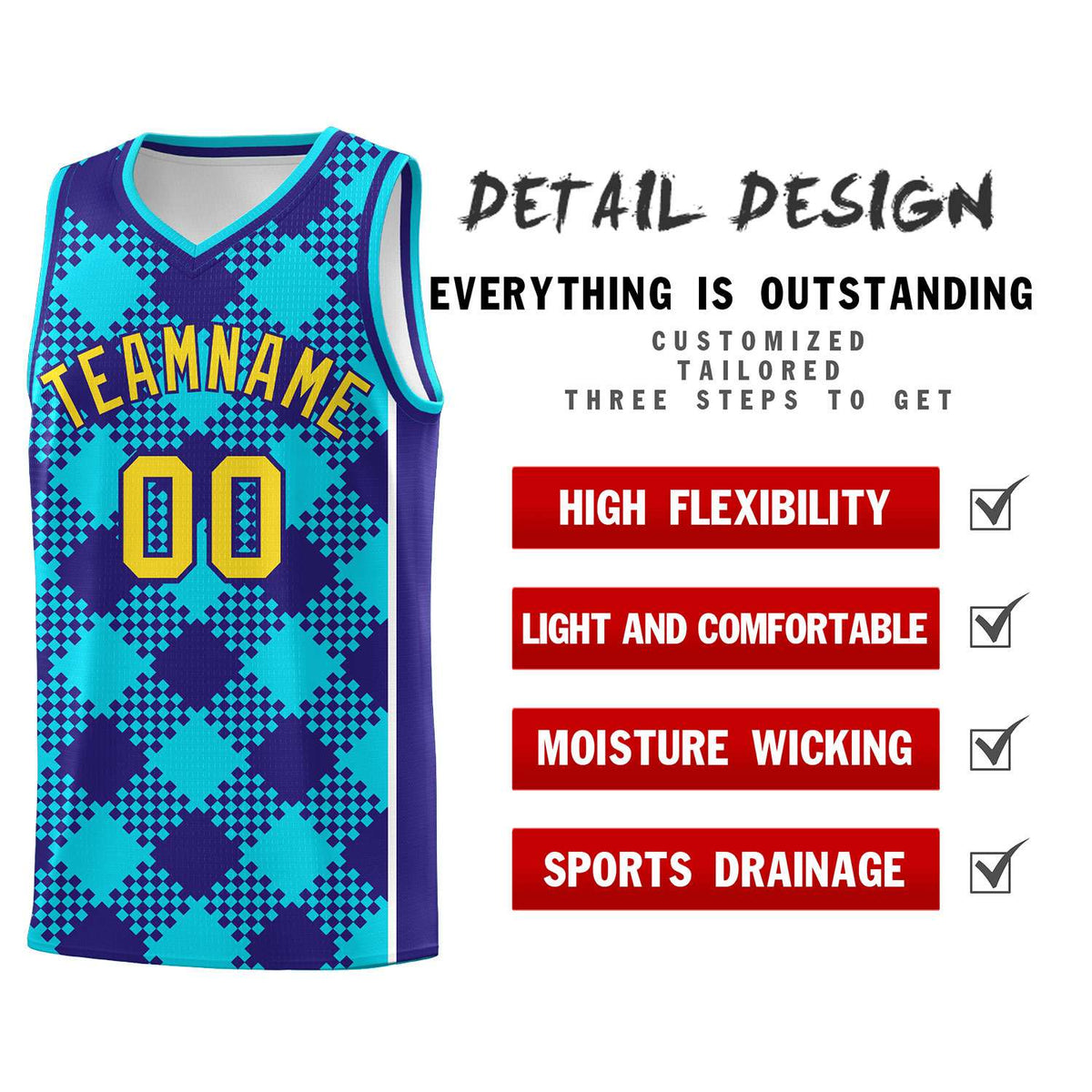 Personalized Royal White-Sky Blue Grid Basketball Kits