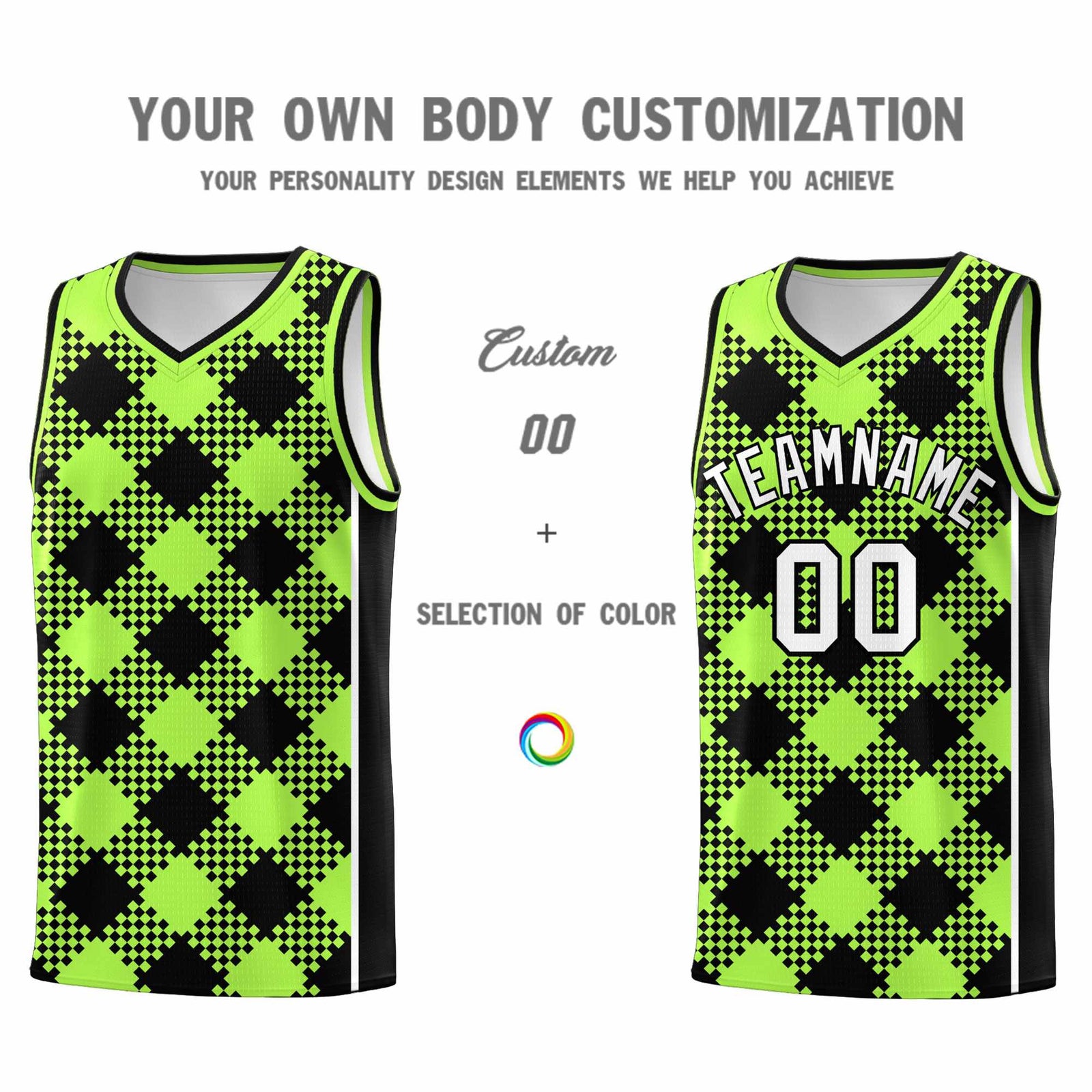 Personalized Fluorescent Green Black-White Grid Basketball Kits