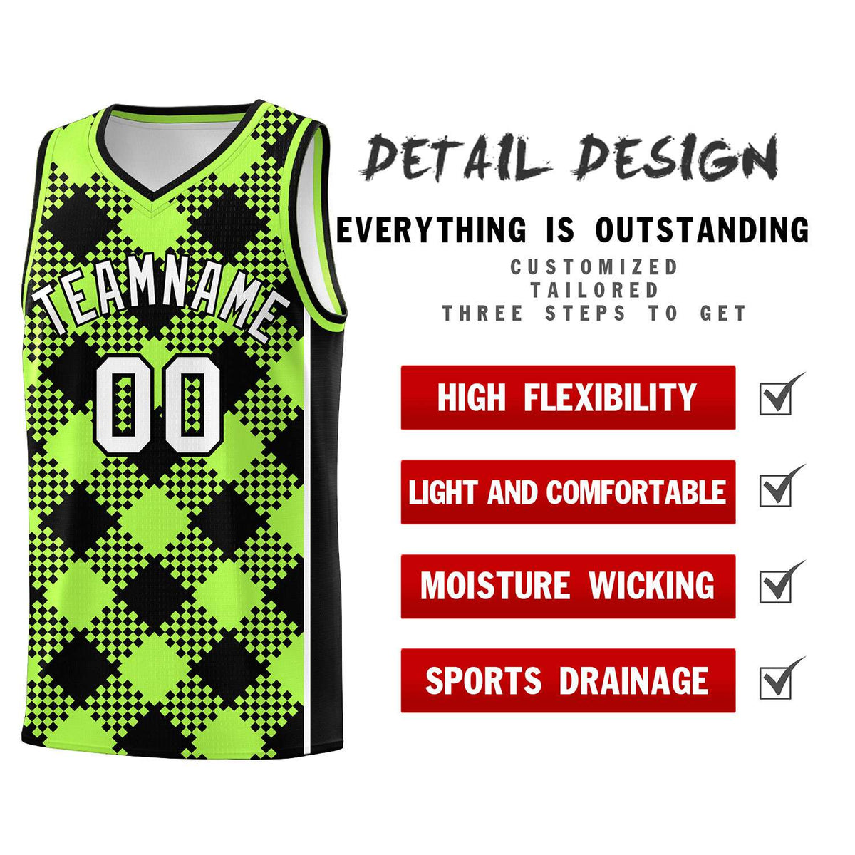 Personalized Fluorescent Green Black-White Grid Basketball Kits