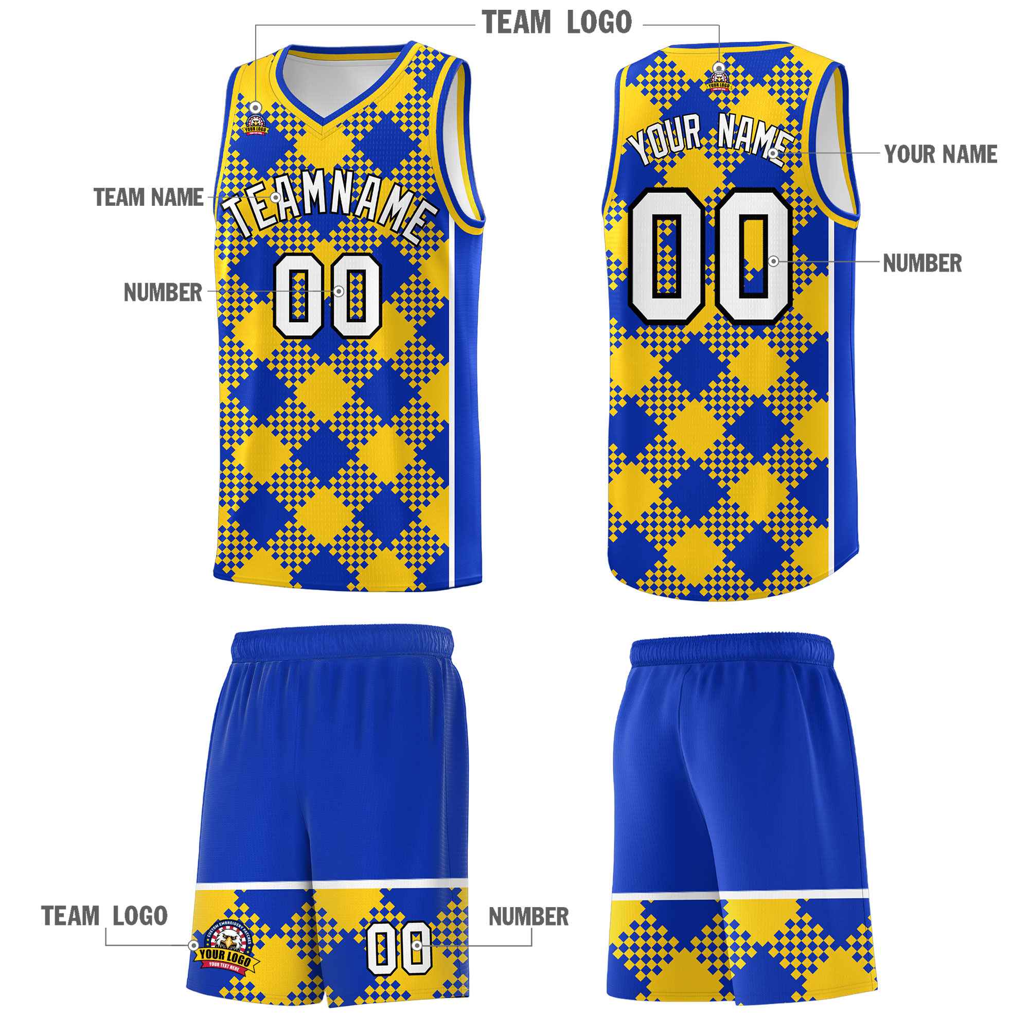 Personalized Royal Gold-White Grid Basketball Kits
