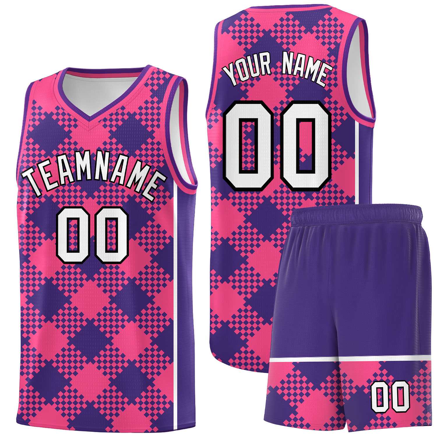 Personalized Purple Pink-White Grid Basketball Kits