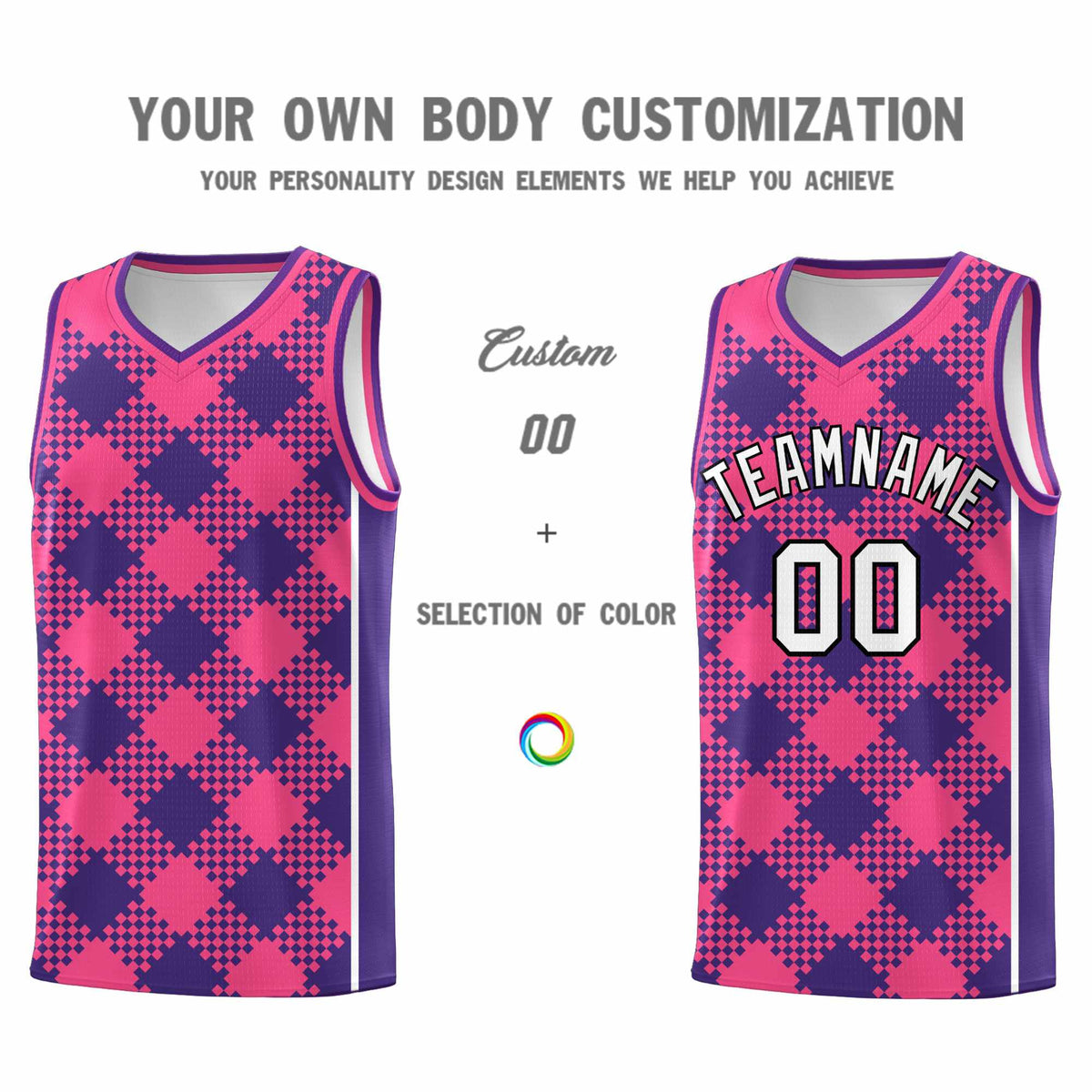 Personalized Purple Pink-White Grid Basketball Kits