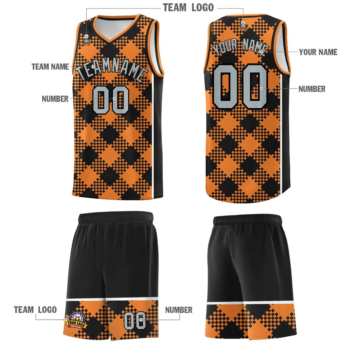 Personalized Gold Orange Black-White Grid Basketball Kits