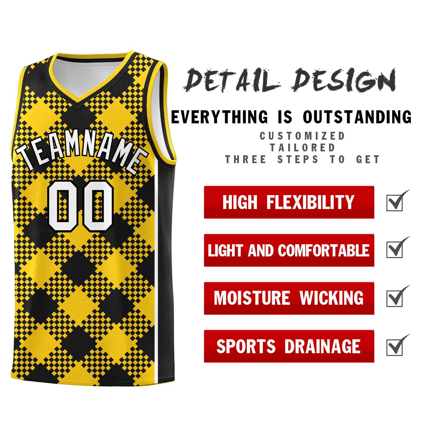 Personalized Gold Black-White Grid Basketball Kits