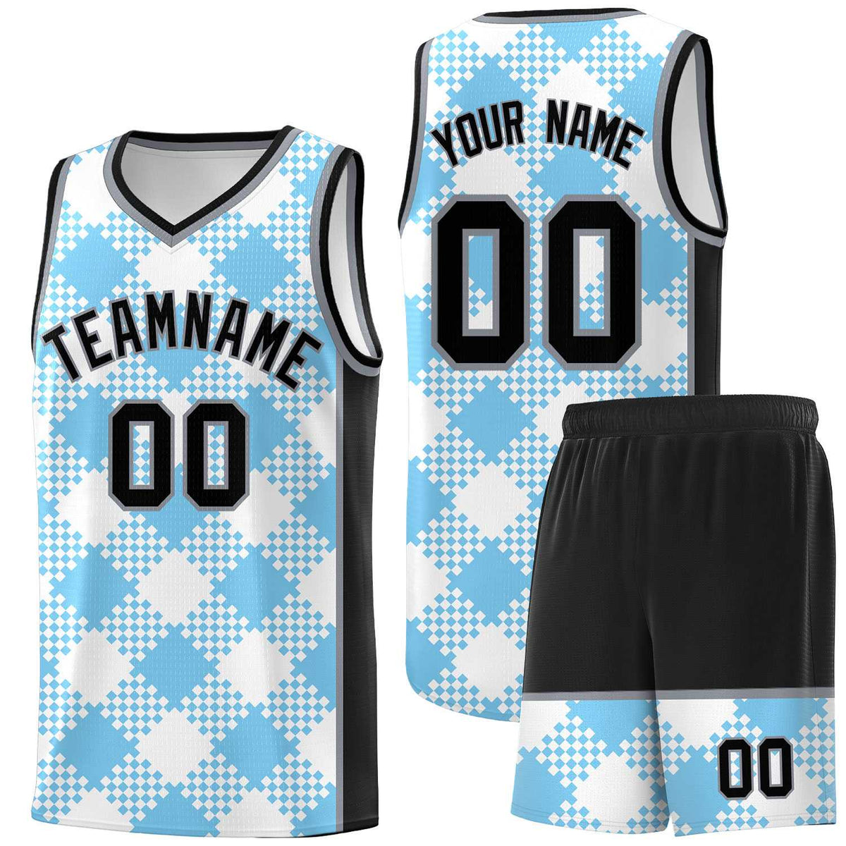 Personalized Light Blue White-Black Grid Basketball Kits