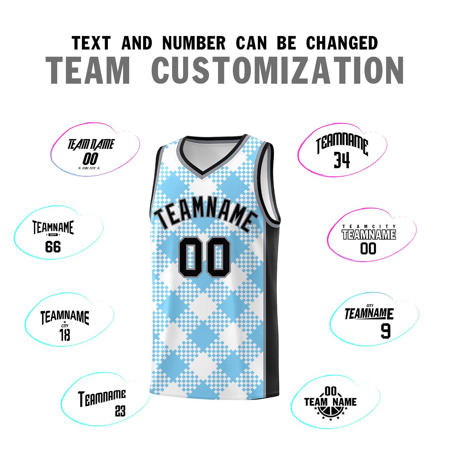 Personalized Light Blue White-Black Grid Basketball Kits