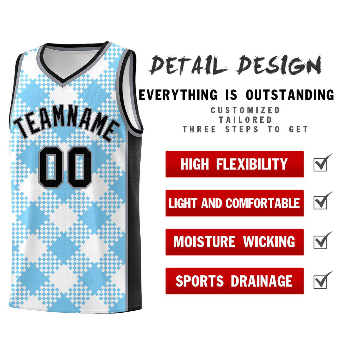 Personalized Light Blue White-Black Grid Basketball Kits