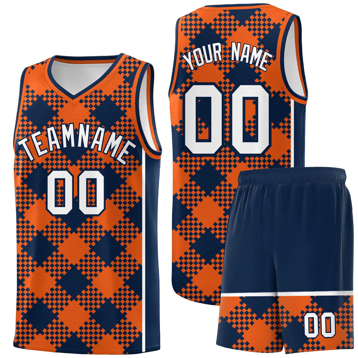 Personalized Navy Orange-White Grid Basketball Kits