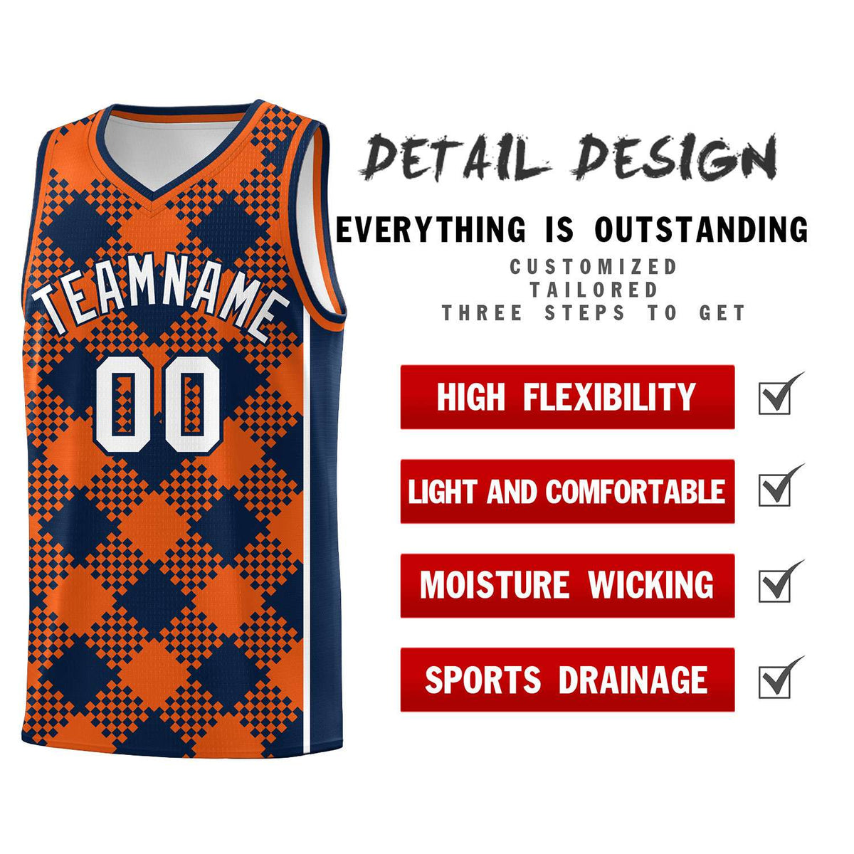 Personalized Navy Orange-White Grid Basketball Kits