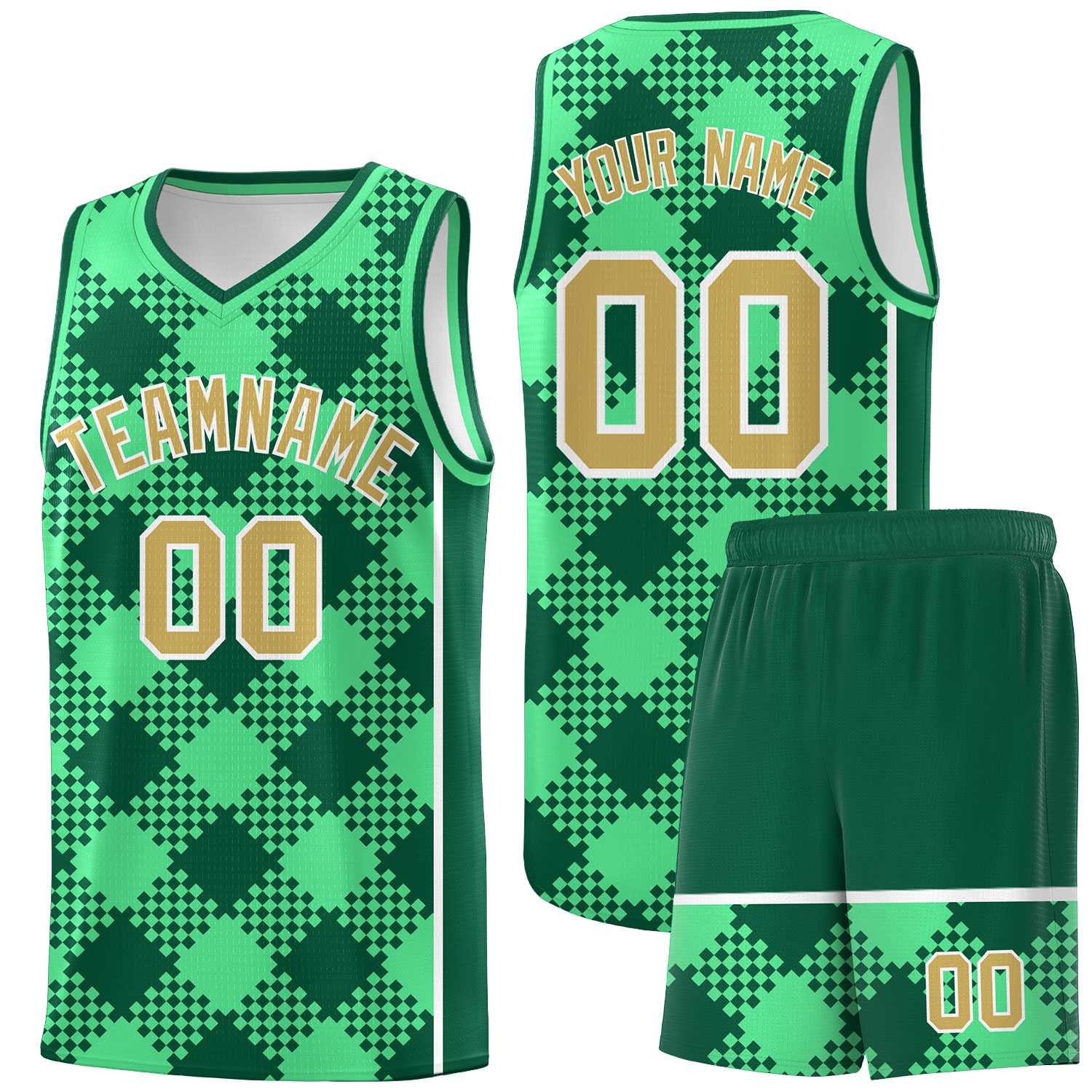 Personalized Green Kelly Green-White Grid Basketball Kits