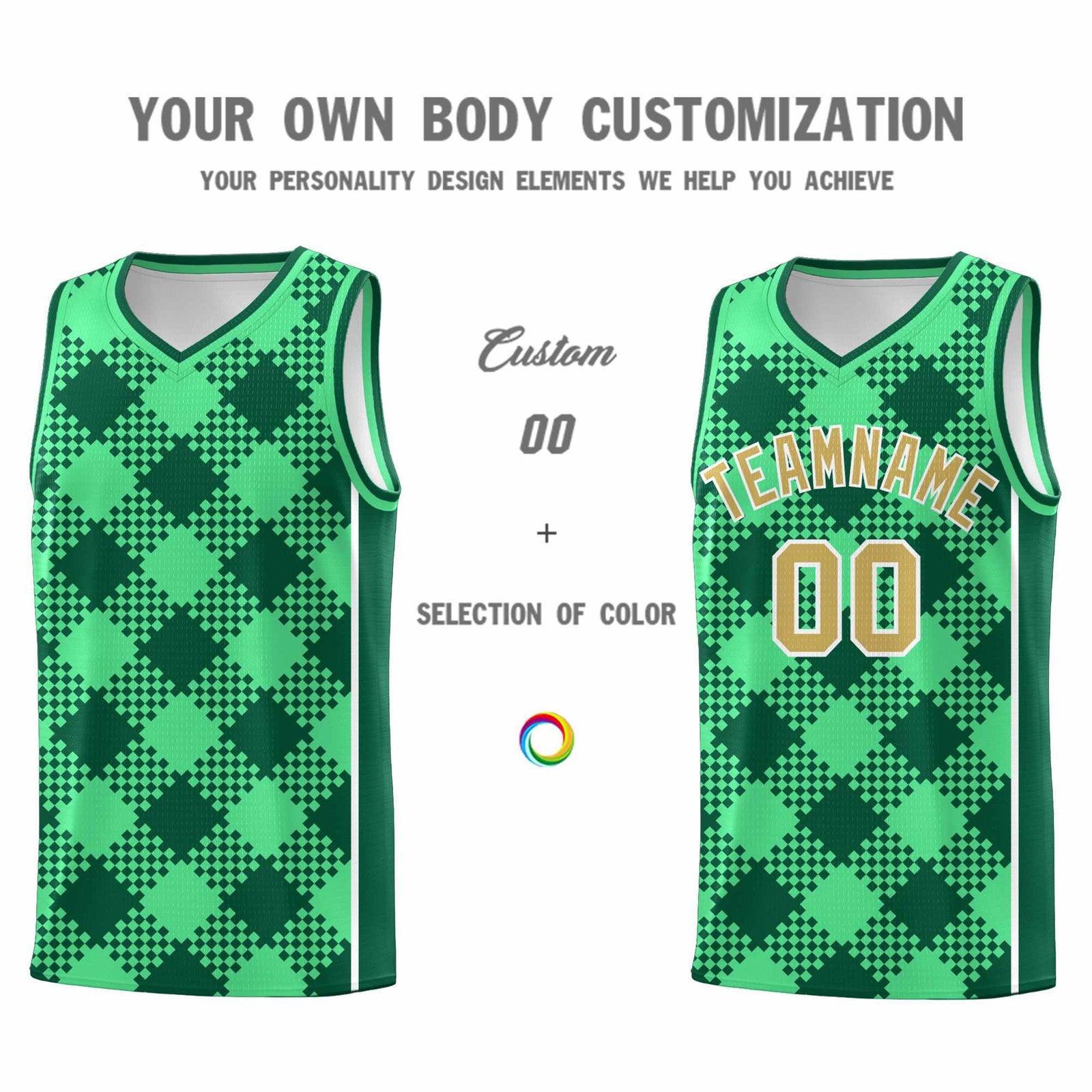 Personalized Green Kelly Green-White Grid Basketball Kits
