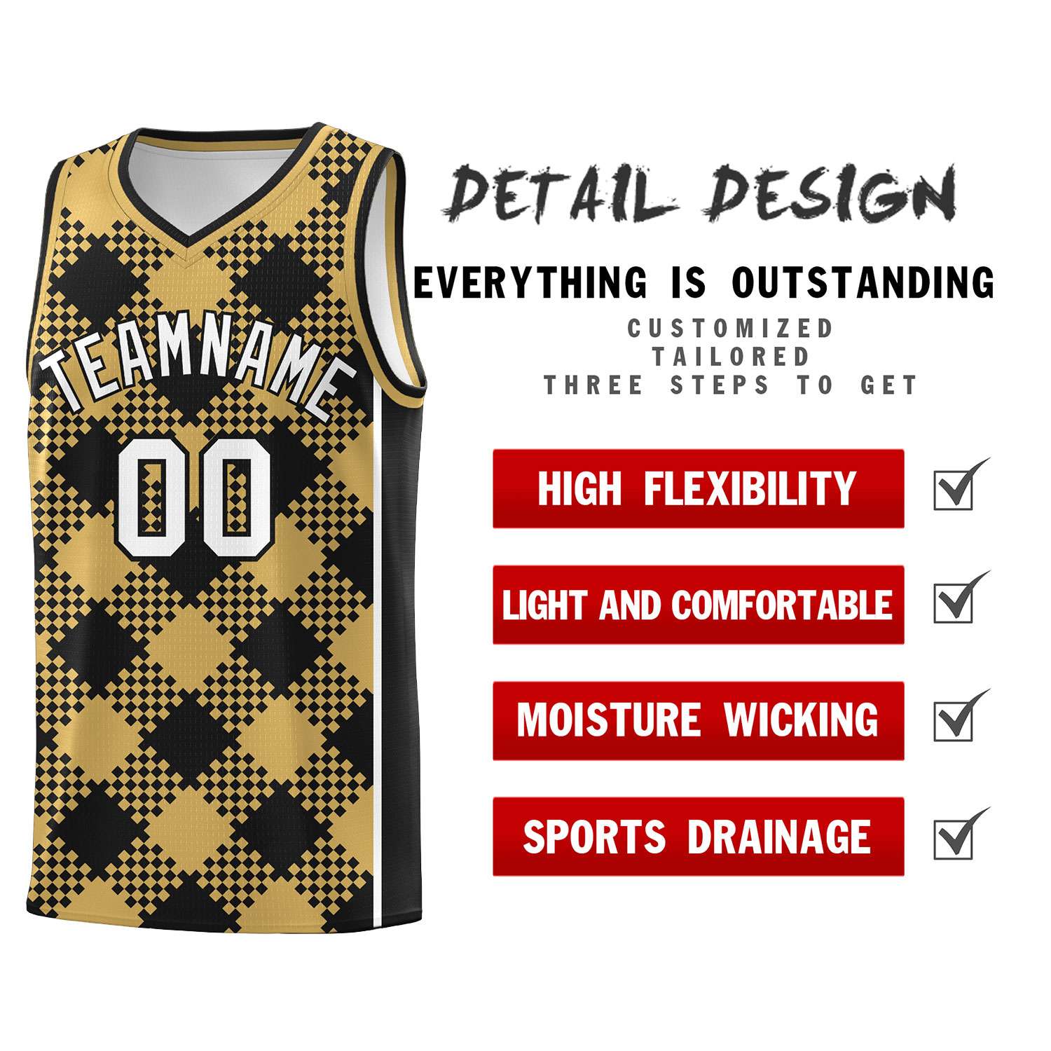 Personalized Old Gold Black-White Grid Basketball Kits