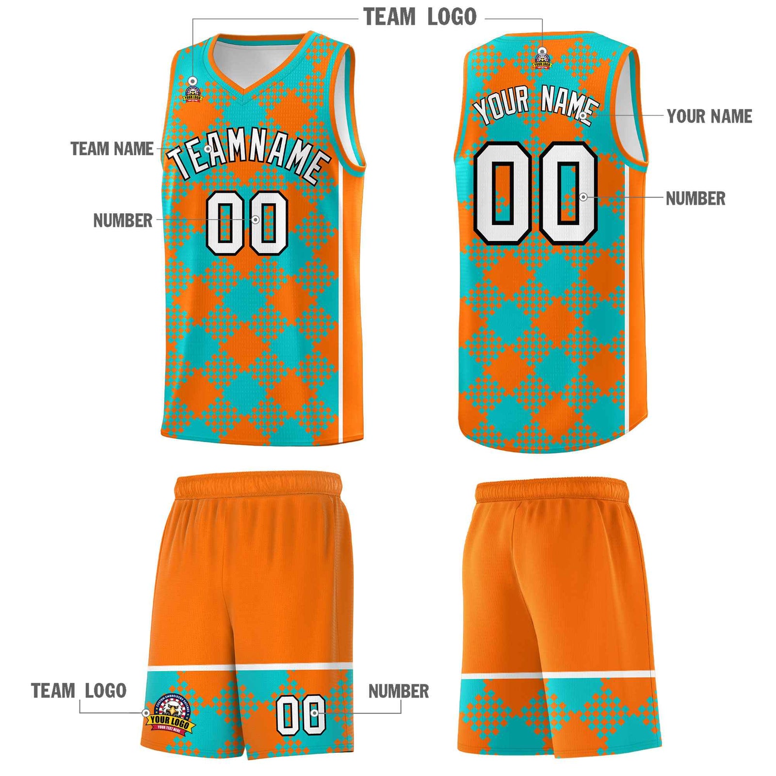 Personalized Aqua Orange-White Grid Basketball Kits