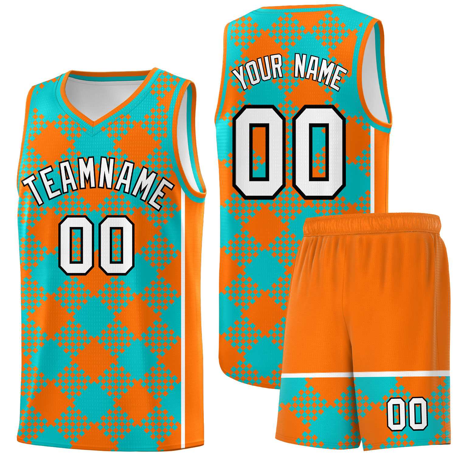 Personalized Aqua Orange-White Grid Basketball Kits