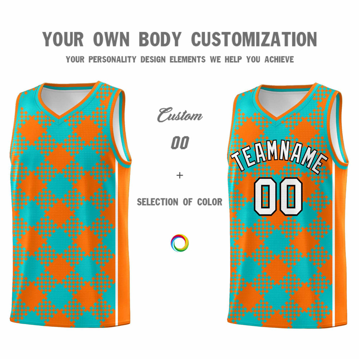 Personalized Aqua Orange-White Grid Basketball Kits