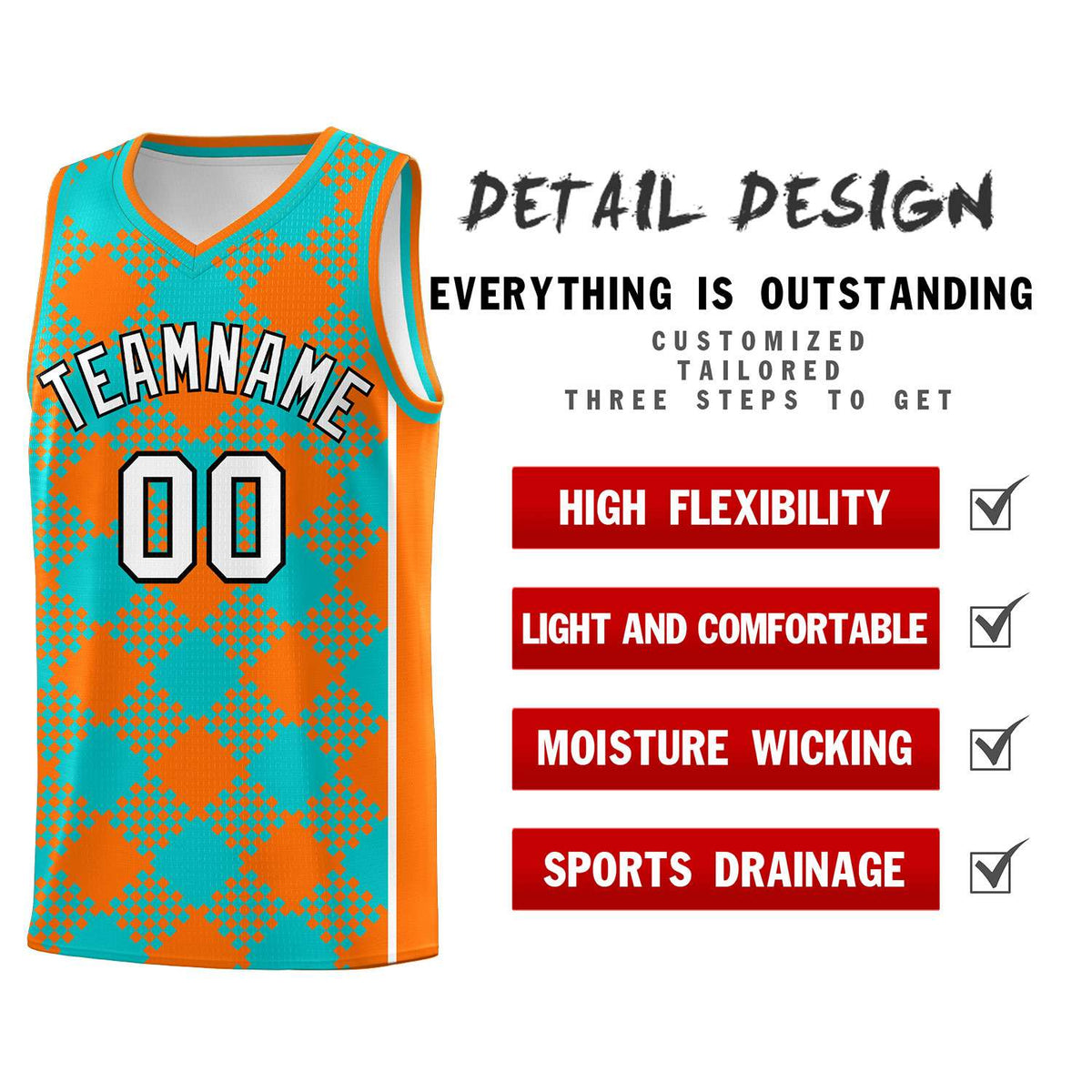 Personalized Aqua Orange-White Grid Basketball Kits