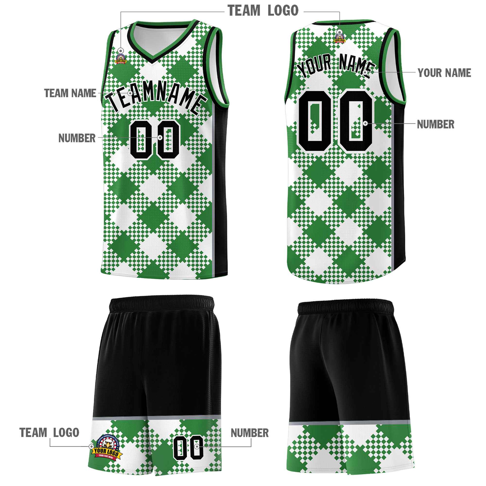 Personalized White Kelly Green-Gray Grid Basketball Kits