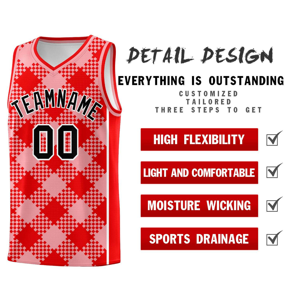 Personalized Light Pink Light Red-White Grid Basketball Kits