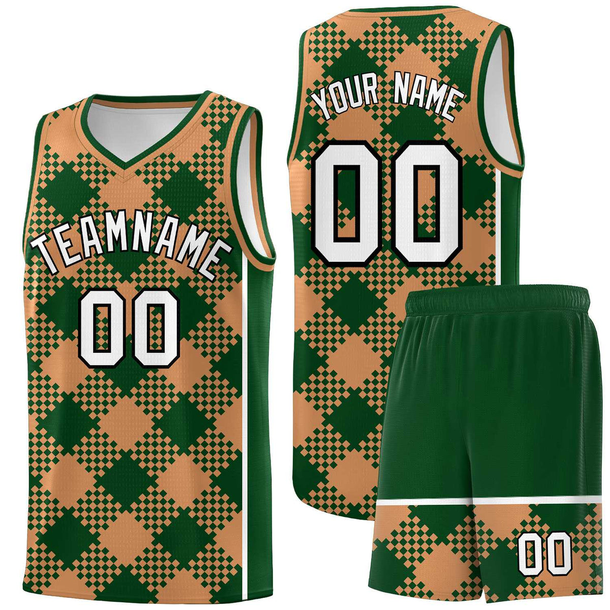 Personalized Green Buckskin Brown-White Grid Basketball Kits