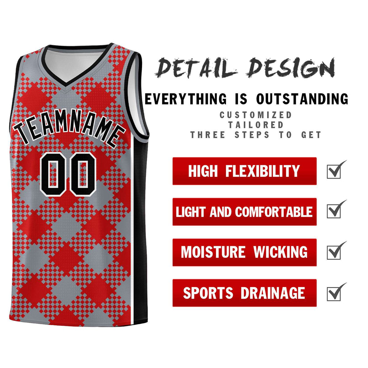 Personalized Gray Red-White Grid Basketball Kits