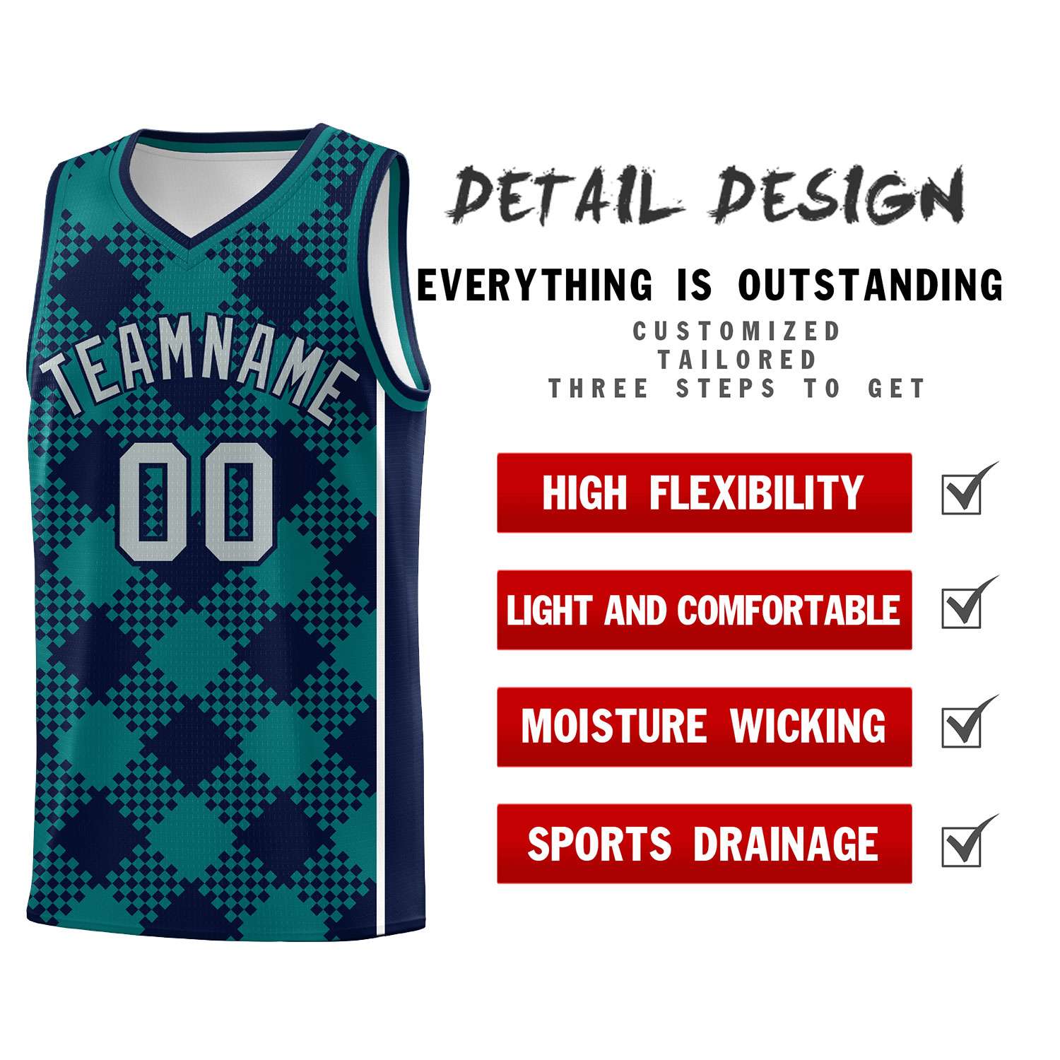 Personalized Teal Navy-White Grid Basketball Kits
