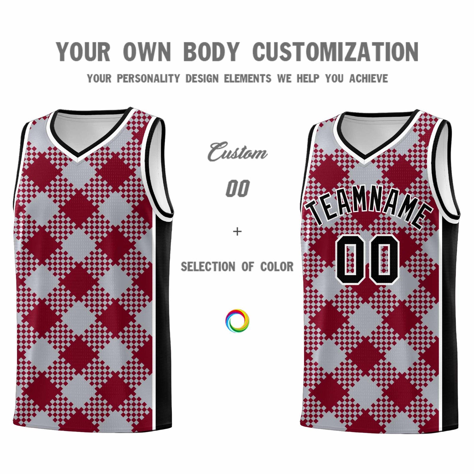 Personalized Gray Crimson-White Grid Basketball Kits
