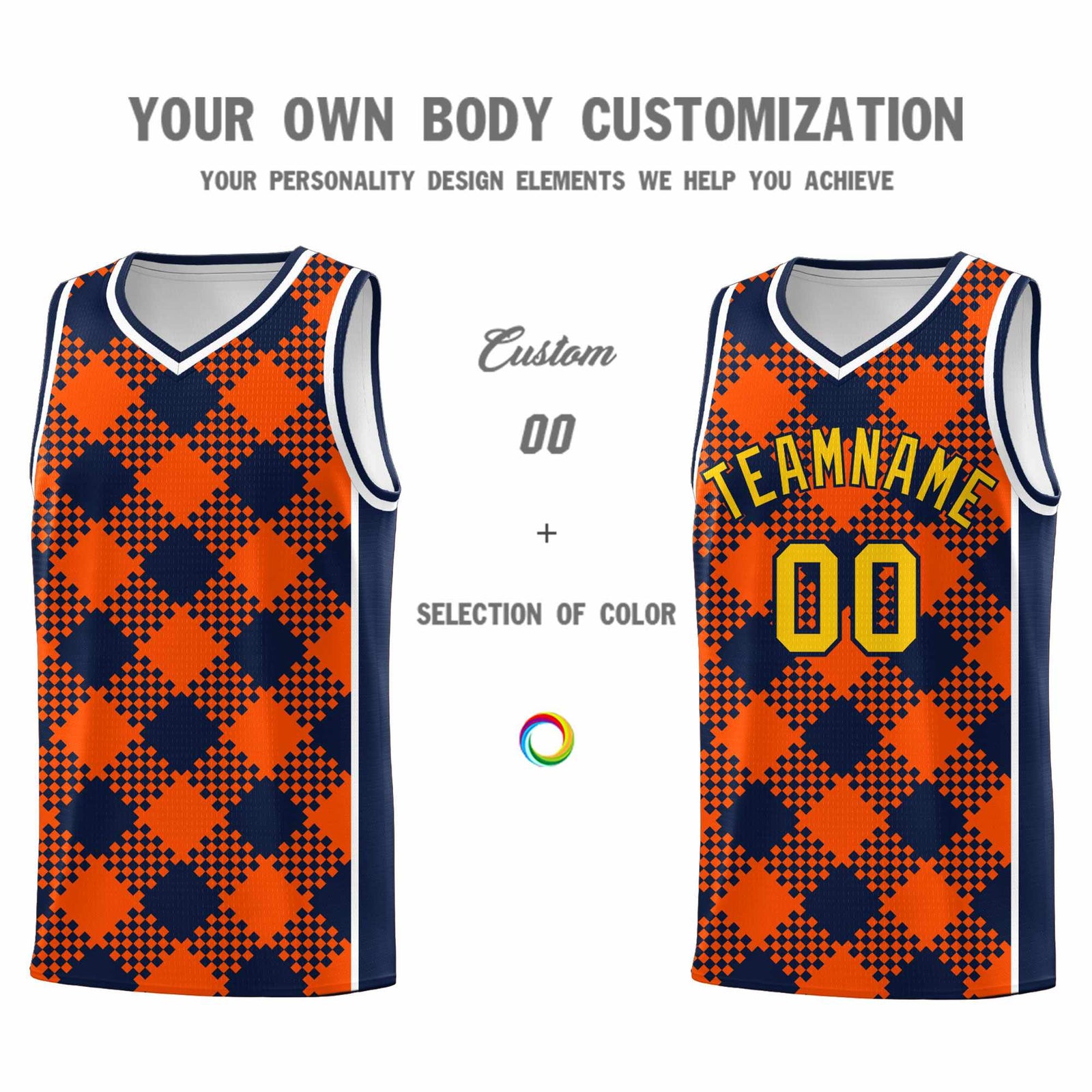 Personalized Orange Navy-White Grid Basketball Kits