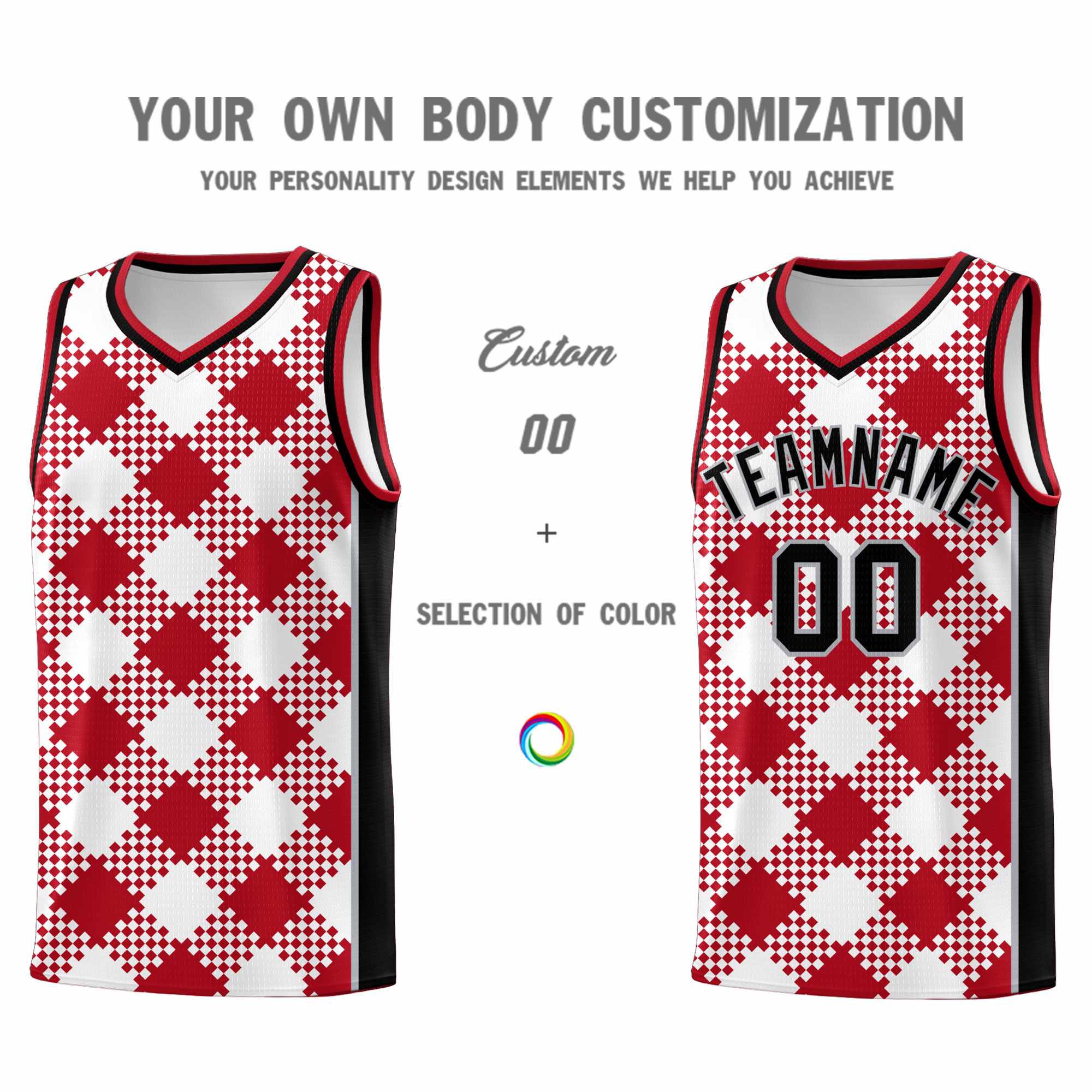 Personalized White Red-Gray Grid Basketball Kits