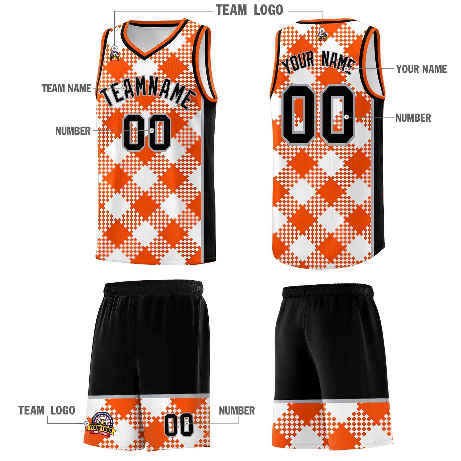 Personalized White Orange-Gray Grid Basketball Kits