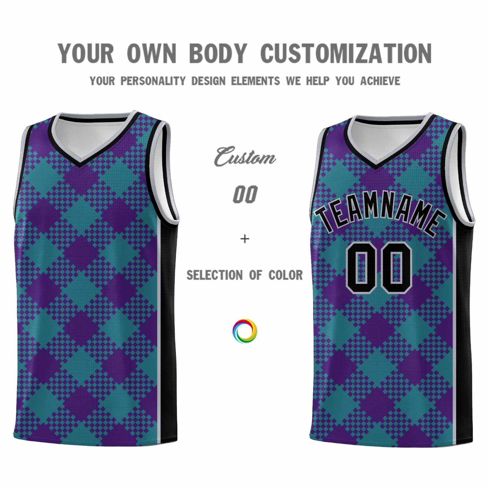 Personalized Purple Teal-Gray Grid Basketball Kits