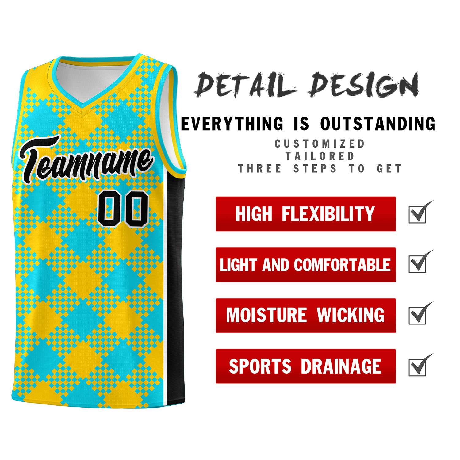 Personalized Sky Blue Gold-Black Grid Basketball Kits