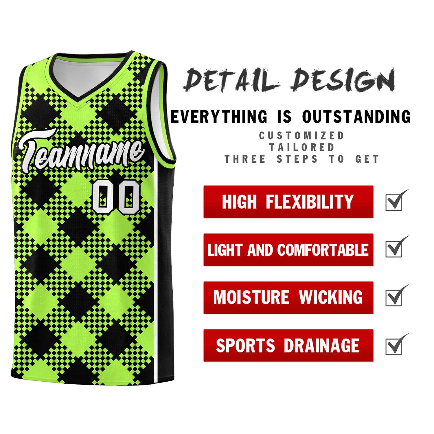 Personalized Fluorescent Green Black-White Grid Basketball Kits