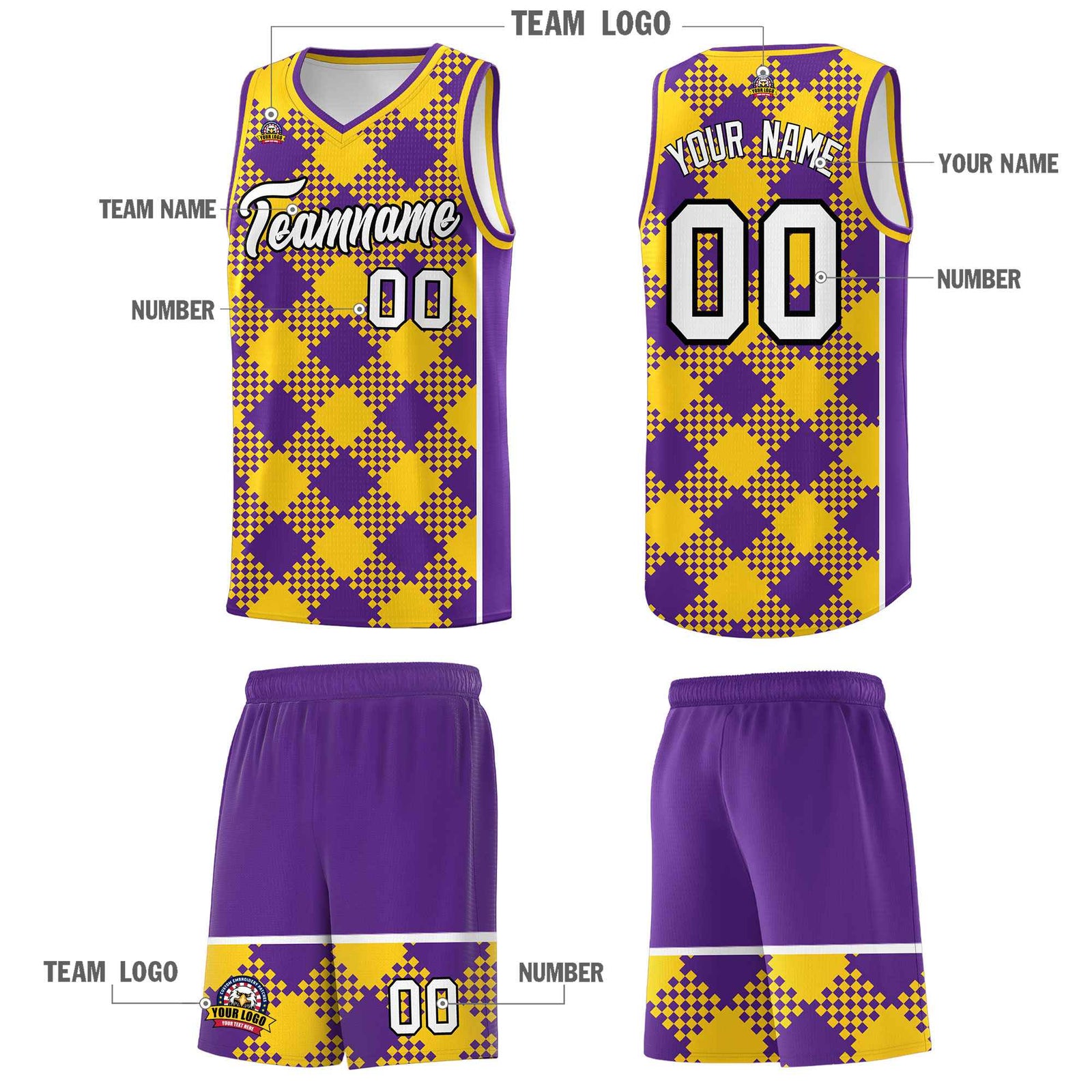 Personalized Purple Gold-White Grid Basketball Kits