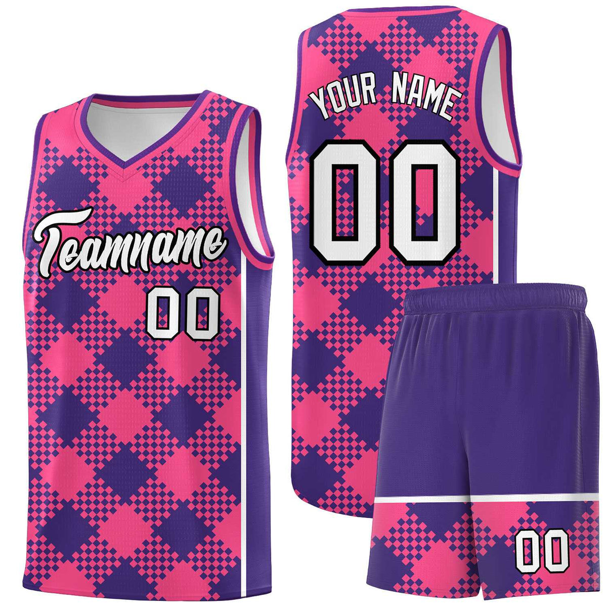 Personalized Purple Pink-White Grid Basketball Kits