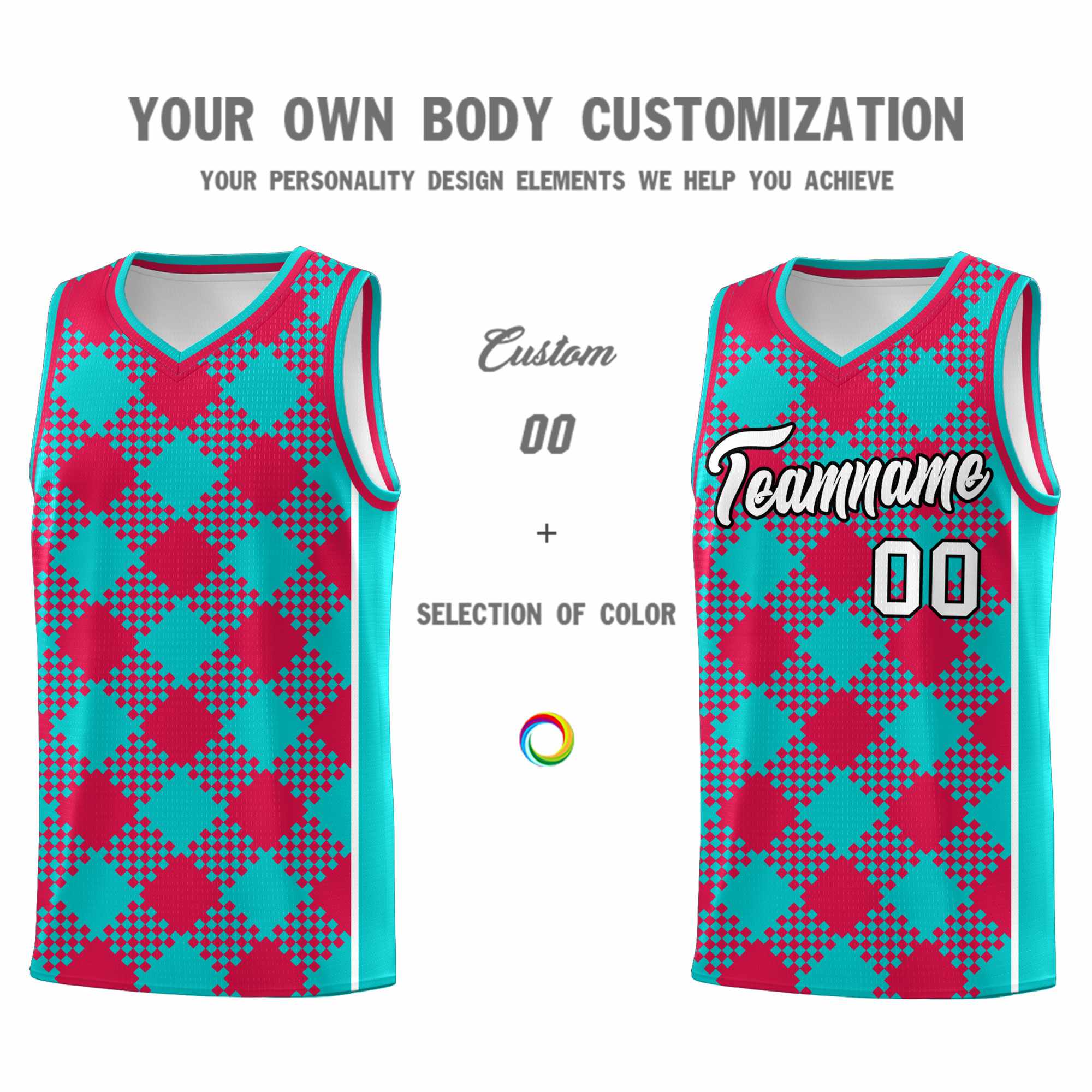 Personalized Aqua Red-White Grid Basketball Kits