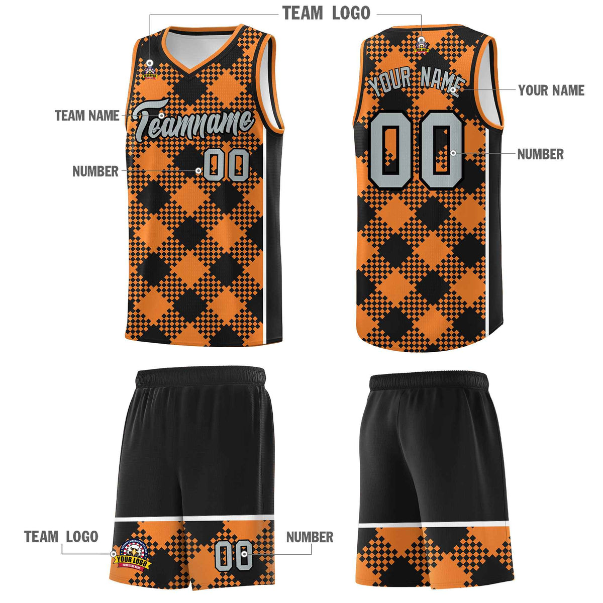 Personalized Gold Orange Black-White Grid Basketball Kits