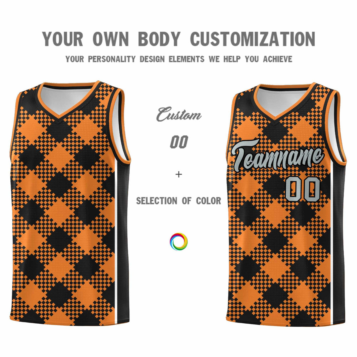 Personalized Gold Orange Black-White Grid Basketball Kits
