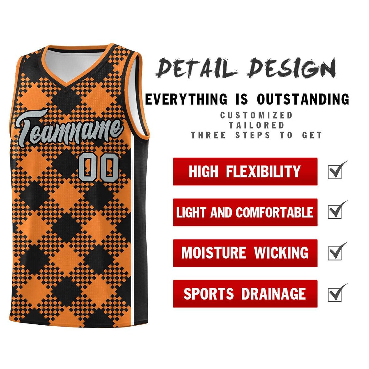 Personalized Gold Orange Black-White Grid Basketball Kits