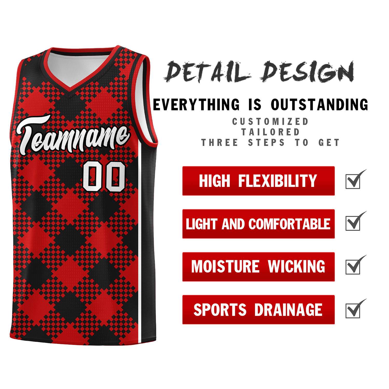 Personalized Red Black-White Grid Basketball Kits