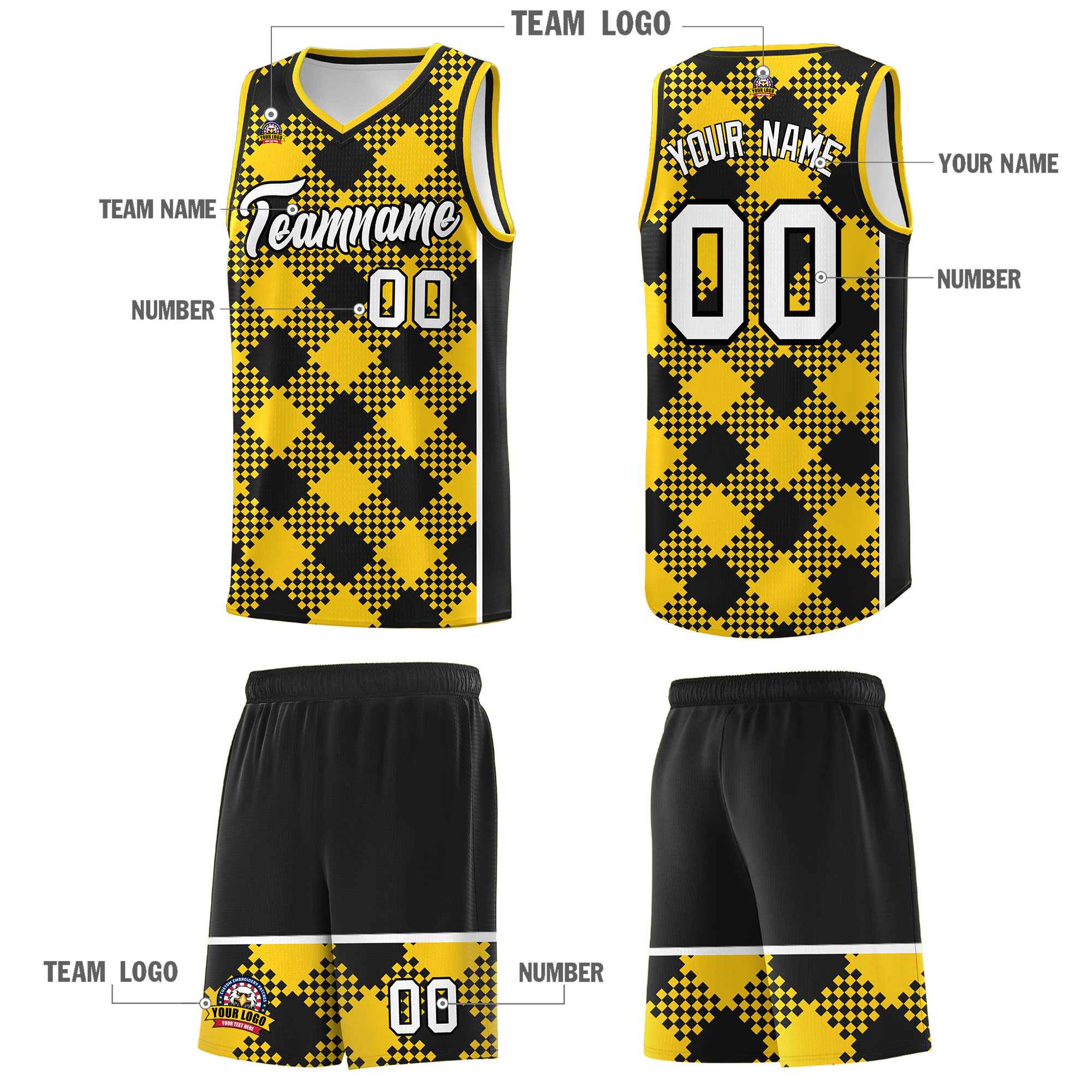 Personalized Gold Black-White Grid Basketball Kits
