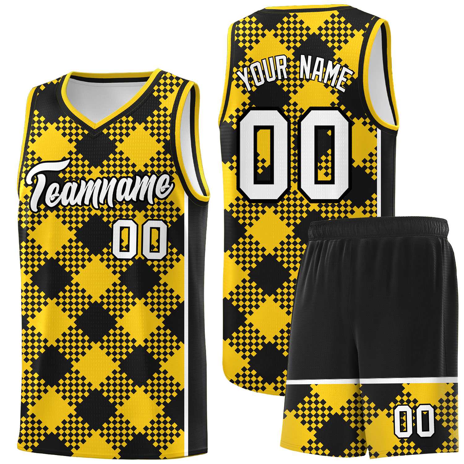 Personalized Gold Black-White Grid Basketball Kits