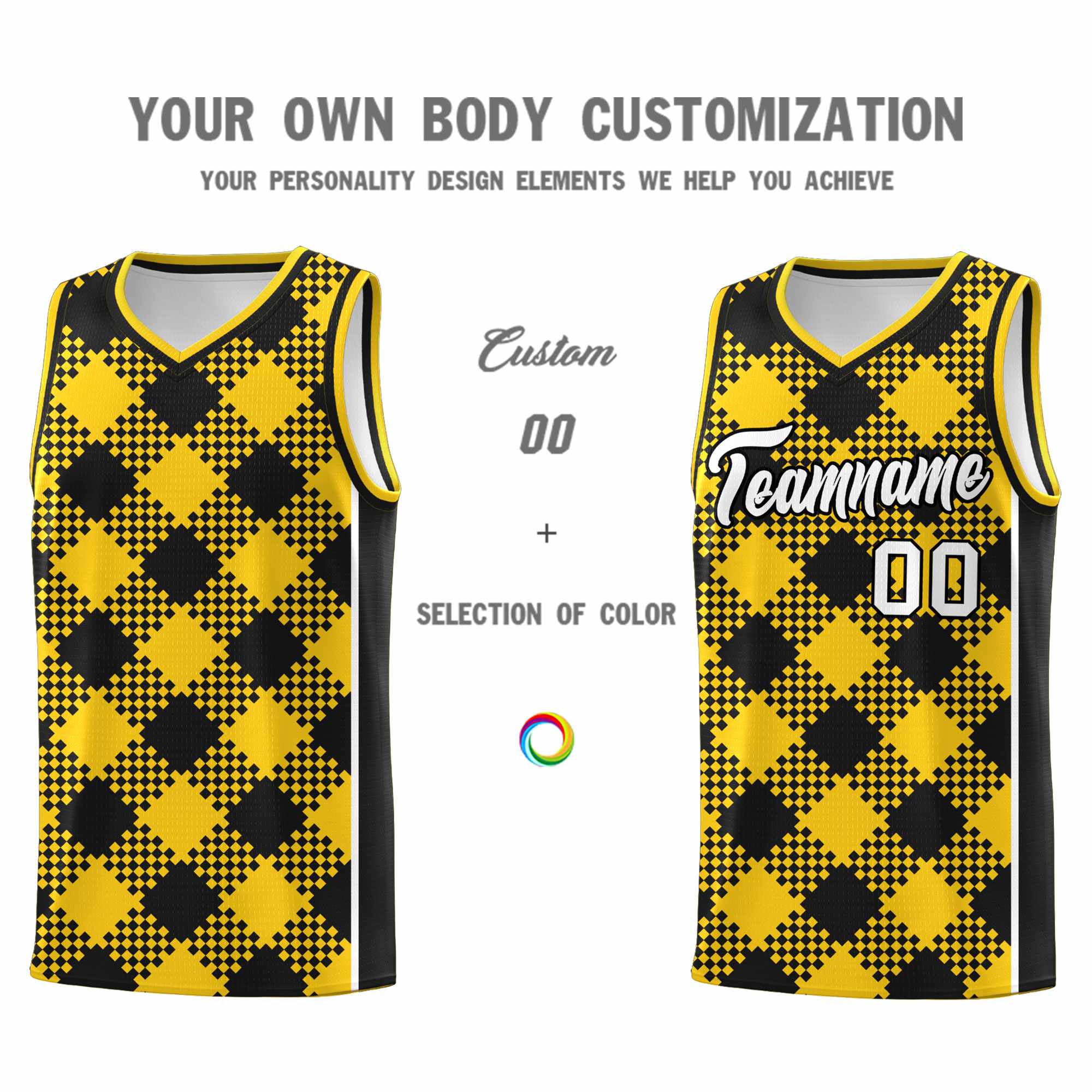 Personalized Gold Black-White Grid Basketball Kits