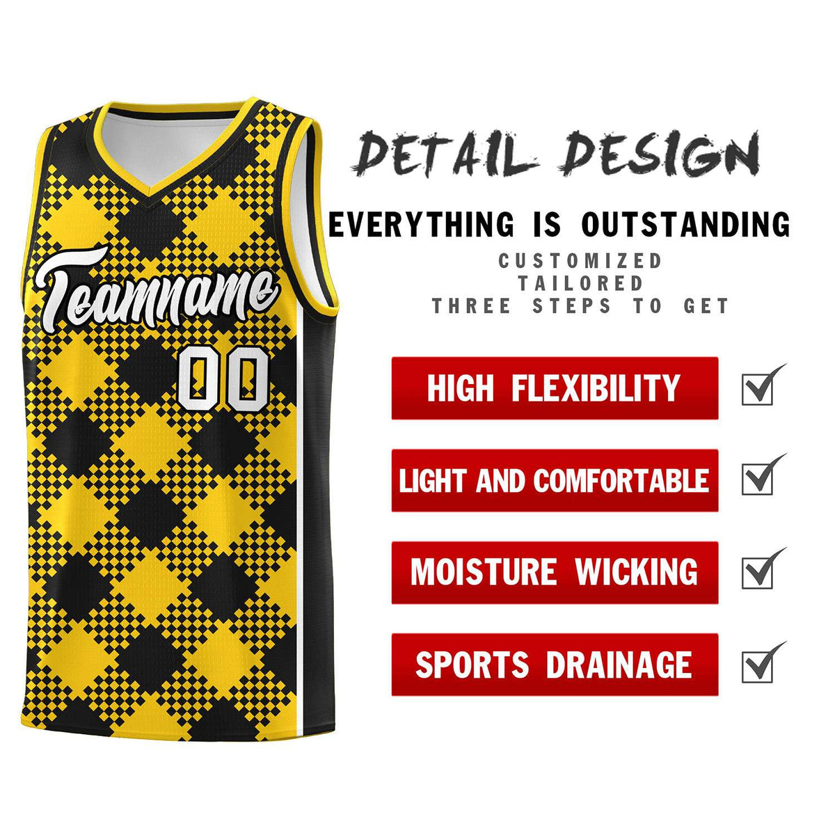 Personalized Gold Black-White Grid Basketball Kits
