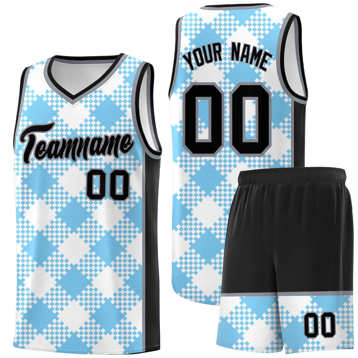 Personalized Light Blue White-Black Grid Basketball Kits