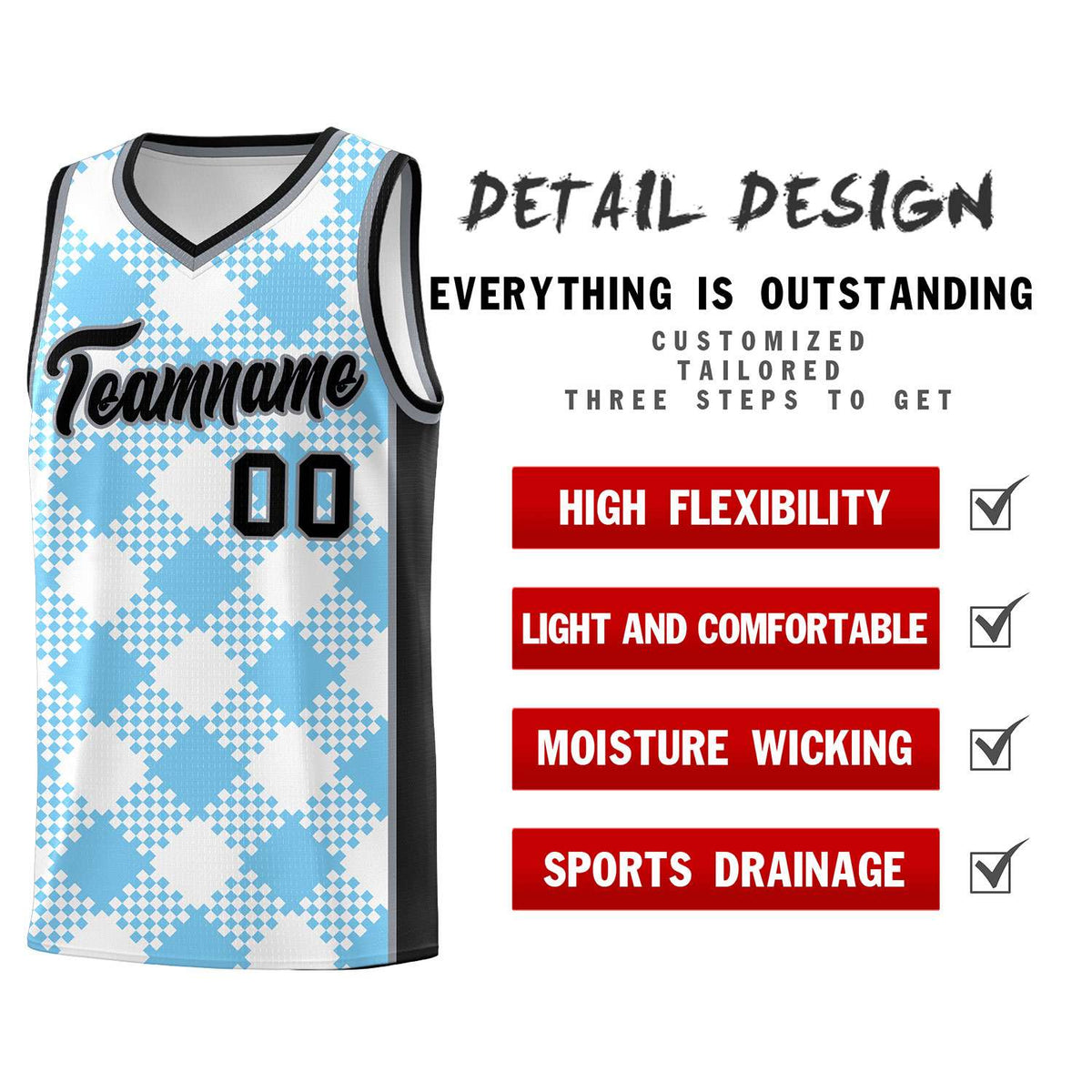 Personalized Light Blue White-Black Grid Basketball Kits