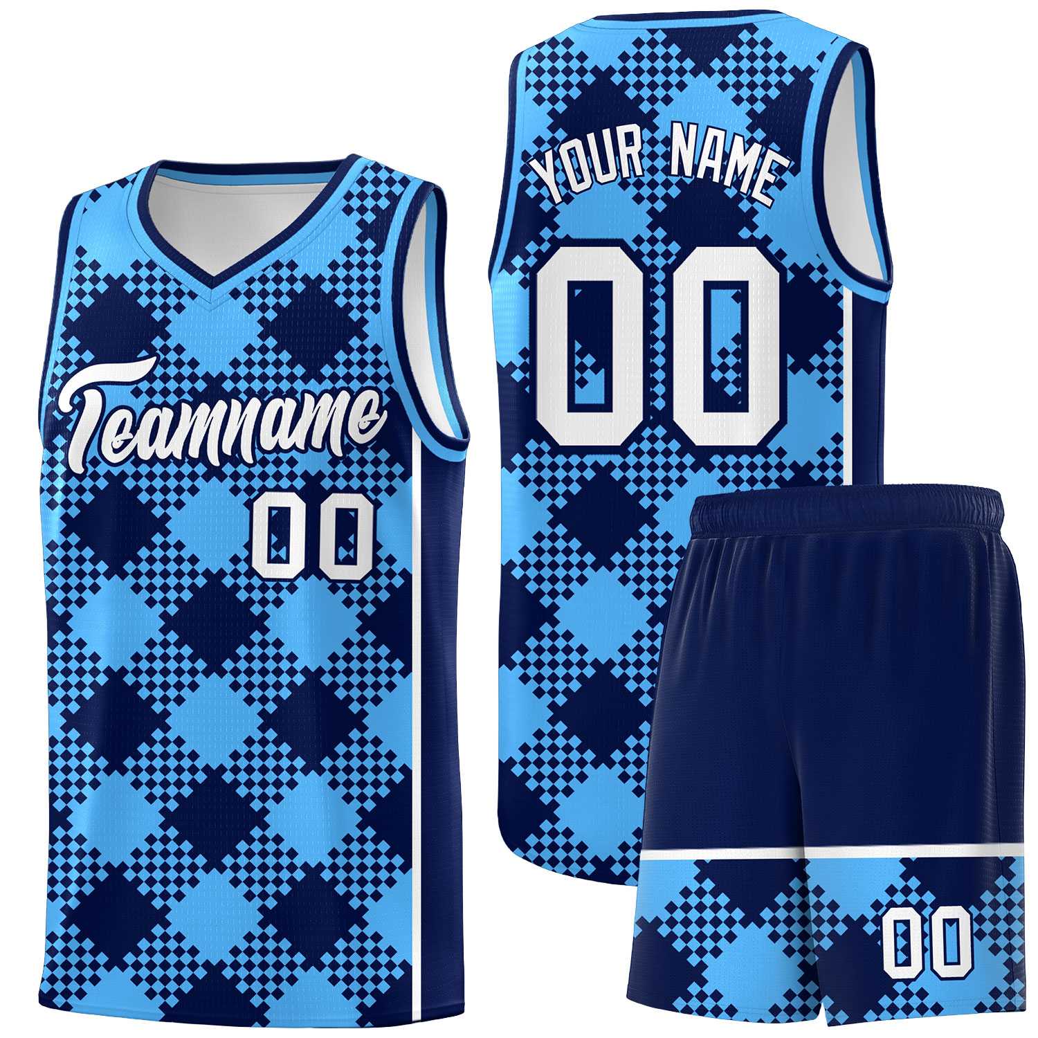 Personalized Powder Blue Navy-White Grid Basketball Kits