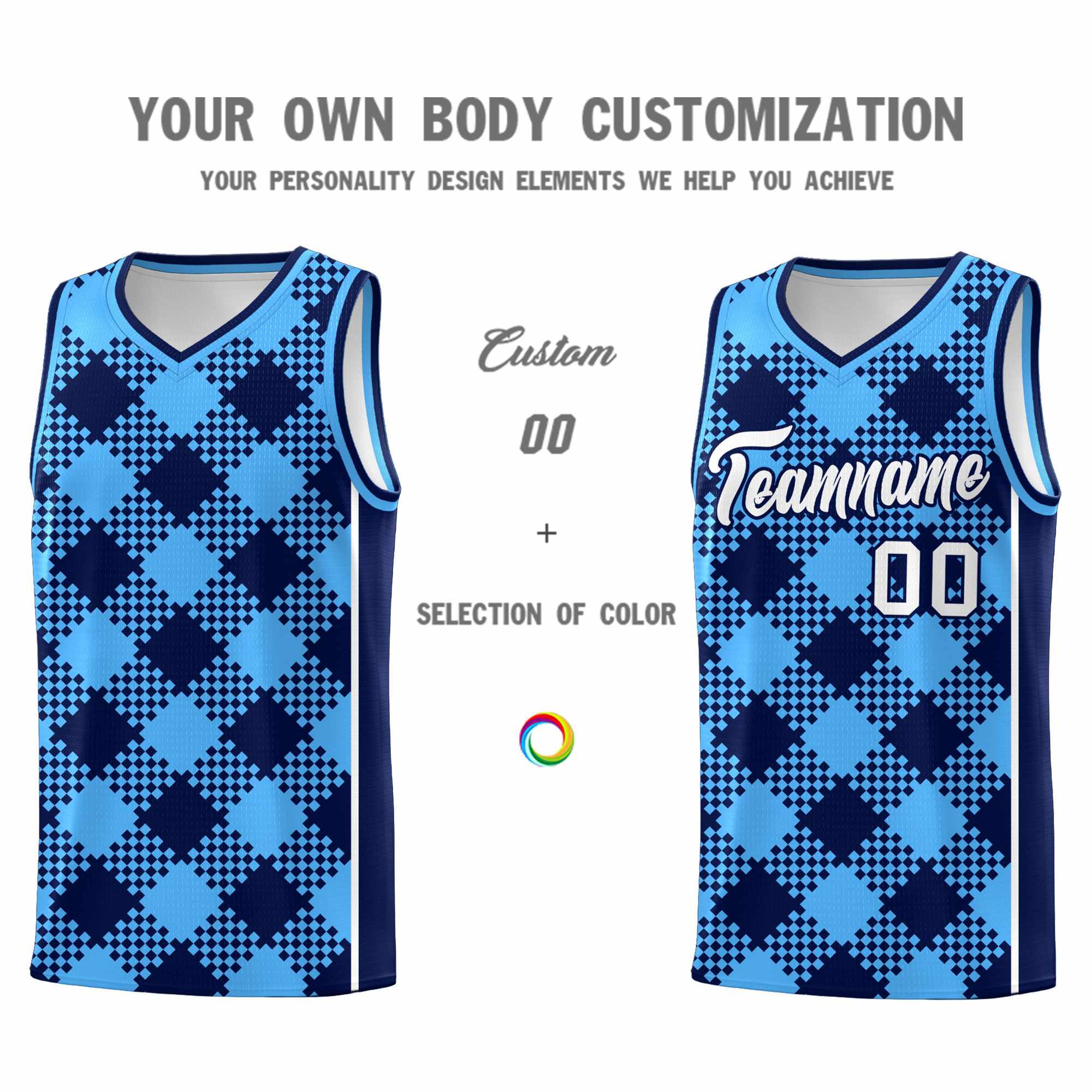 Personalized Powder Blue Navy-White Grid Basketball Kits